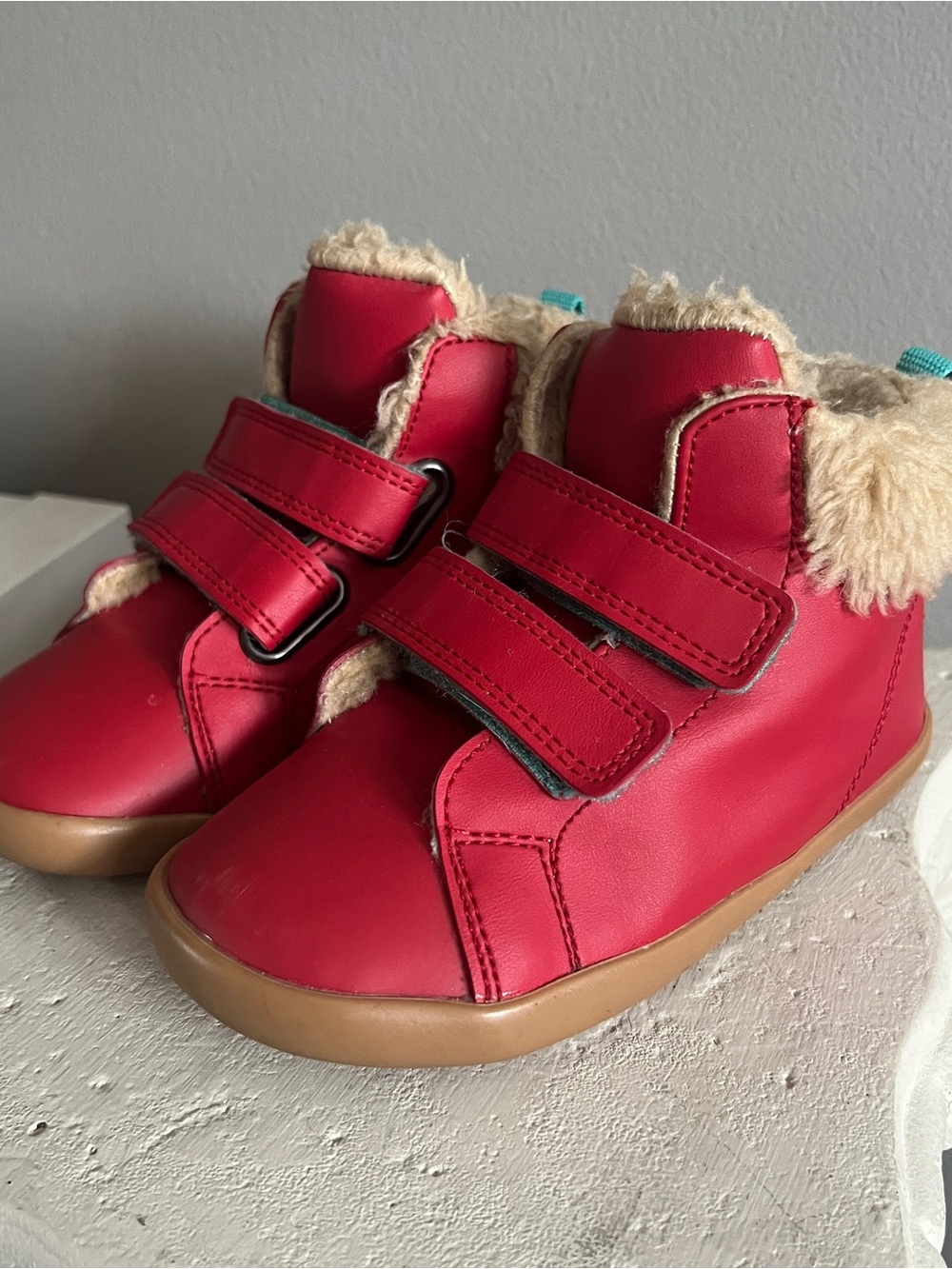 Kids Faux-Fur Lined Red Velcro Ankle Boots